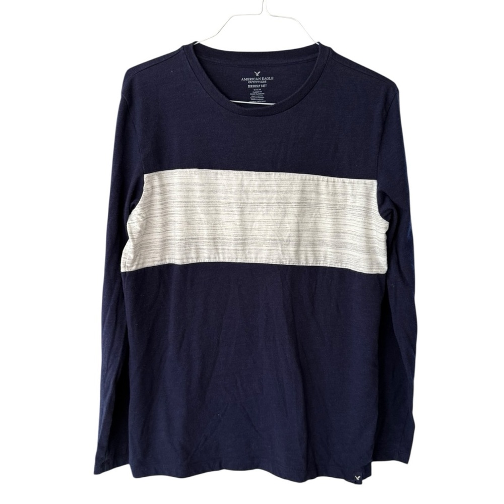 American Eagle So Soft Rugby Navy Blue Colorblock 90s Jersey Long Sleeve Shirt